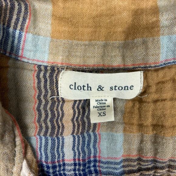 Anthro Cloth & Stone Button Up Collared Shirt Plaid Flannel Style Brown Blue XS - Picture 4 of 8